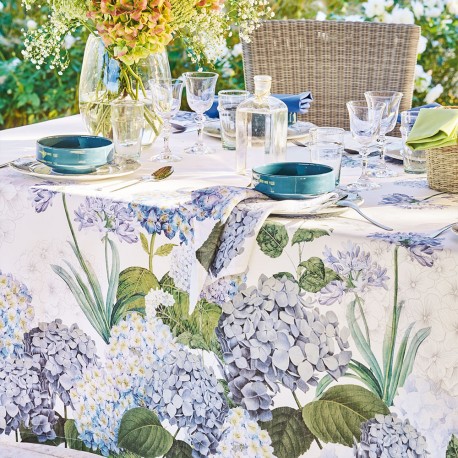 Nappe sur mesure antitache pur lin Jardin de Bretagne Bleu laize 180cm, Garnier-Thiébaut