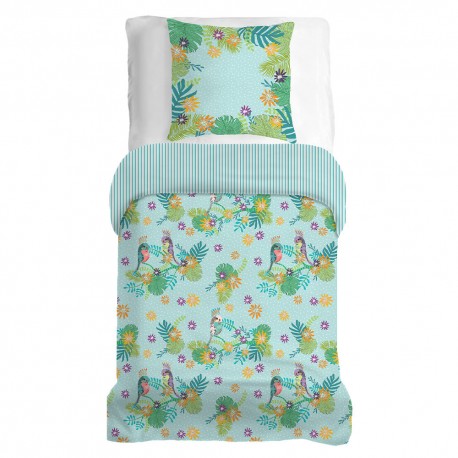 Petites perruches Aqua, Ensemble housse de couette et taie d'oreiller carrée en coton, Garnier-Thiébaut